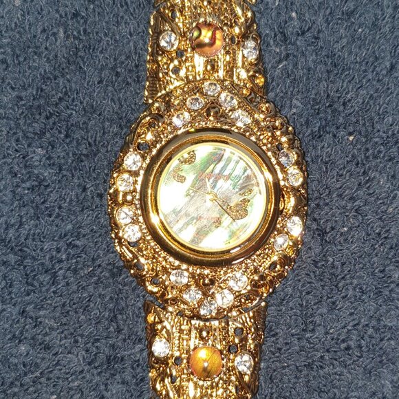 Vintage Jeweled Abalone Rhinestone & Tiger Eye Gold-Plated Japan Quartz Watch - Picture 4 of 16